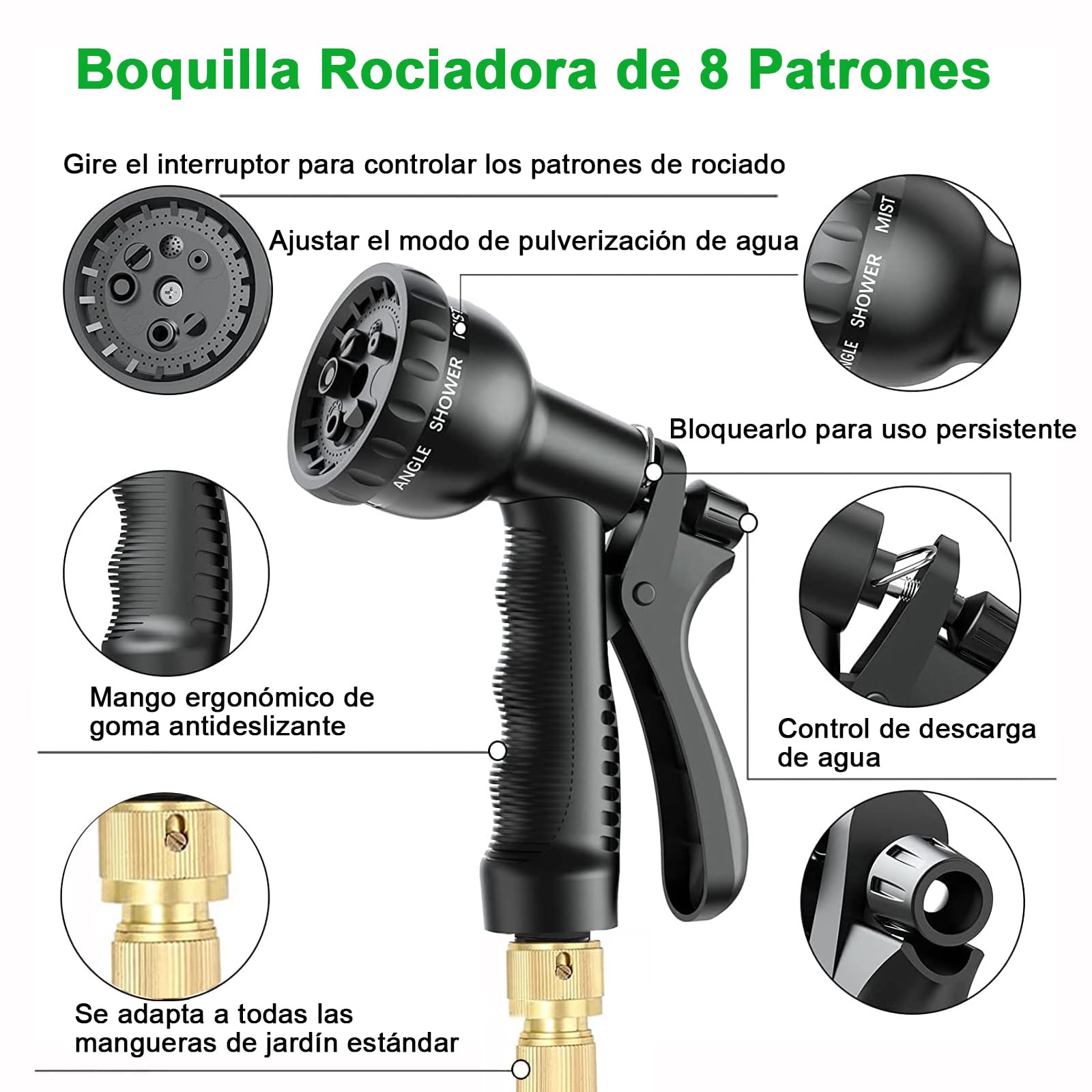 Manguera de Jardin Extensible 7.5M (3x2.5M), Mangueras Jardin con Pistola Rociadora de 8 Funciones Manguera Flexible y Ligera para Lavado de Coche, Jardín, Lavar la Mascota con Bolsa de Almacenamiento — view 2