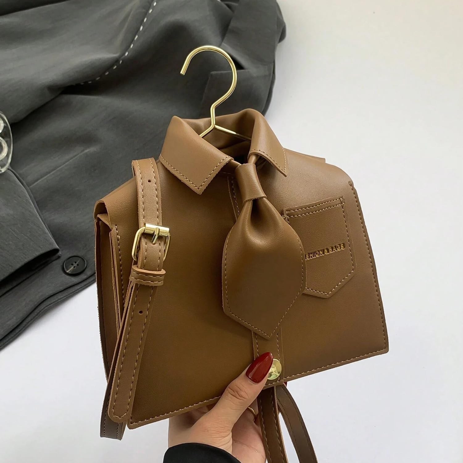 Women’s Brown Shirt Design Crossbody Bag with Chic Collar Big Fancy Pockets Leather Shoulder Purse Gift for Her - Image 5