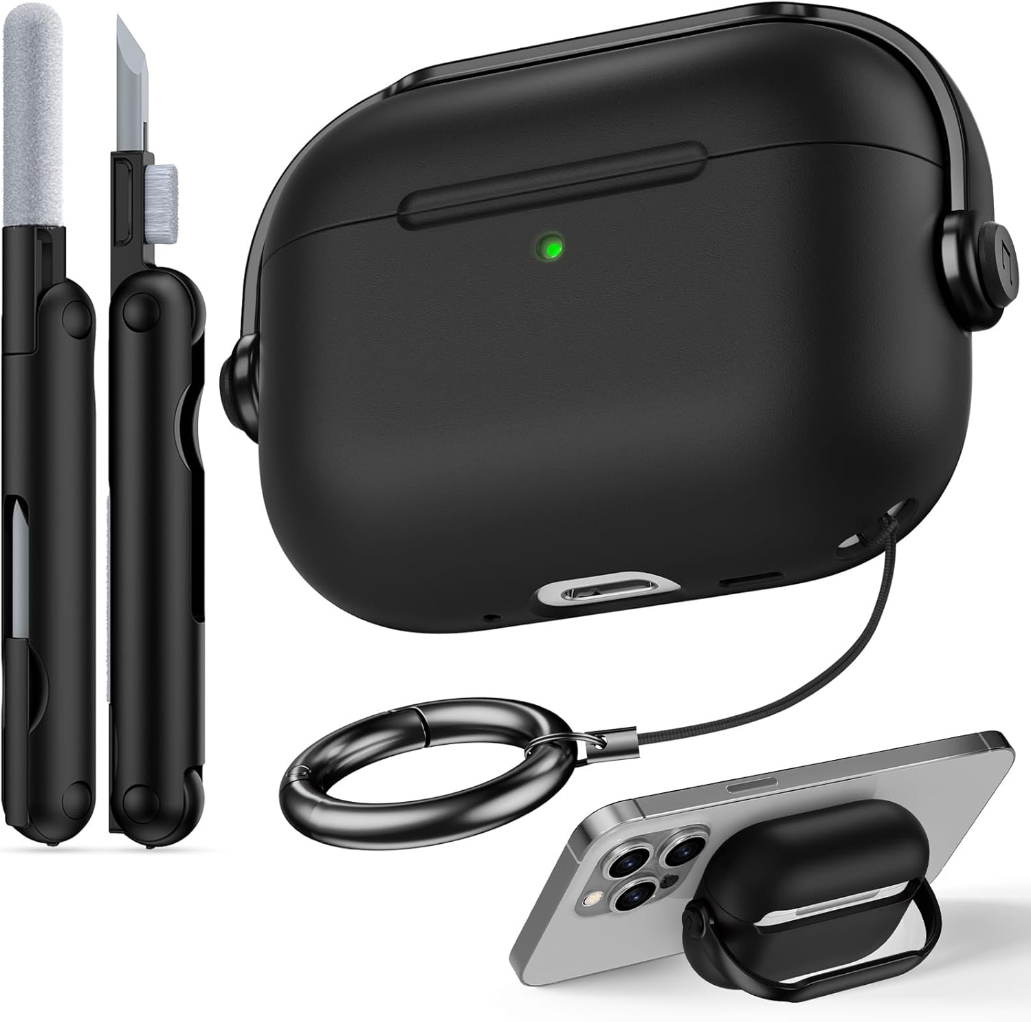 Clear Case for AirPods Pro 3. Generation (2025) with Clean Kit & Keychain – [Stand with Safety Lock], Anti-Yellowing/Soft/Shockproof for Apple Airpods Pro 3 (Black, Case)