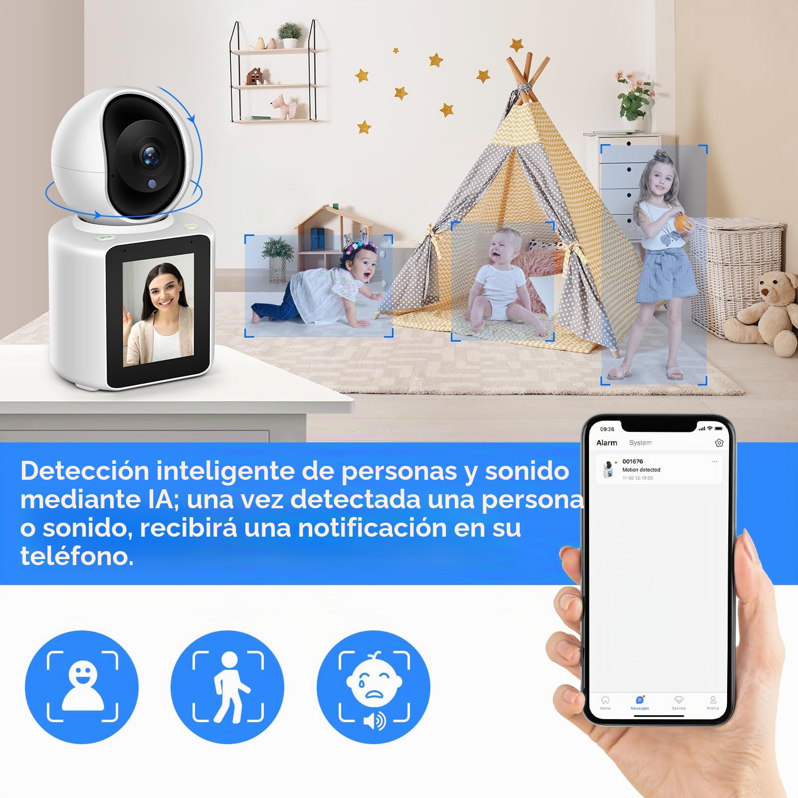 MYPIN Cámara Vigilancia WiFi Interior 360º 2K con Vídeo/Audio Bidireccional | Cámara Vigilancia Bebe/Mascotas, Cámara de Seguridad con Visión Nocturna, Llamada con un Botón, Detección de Movimiento