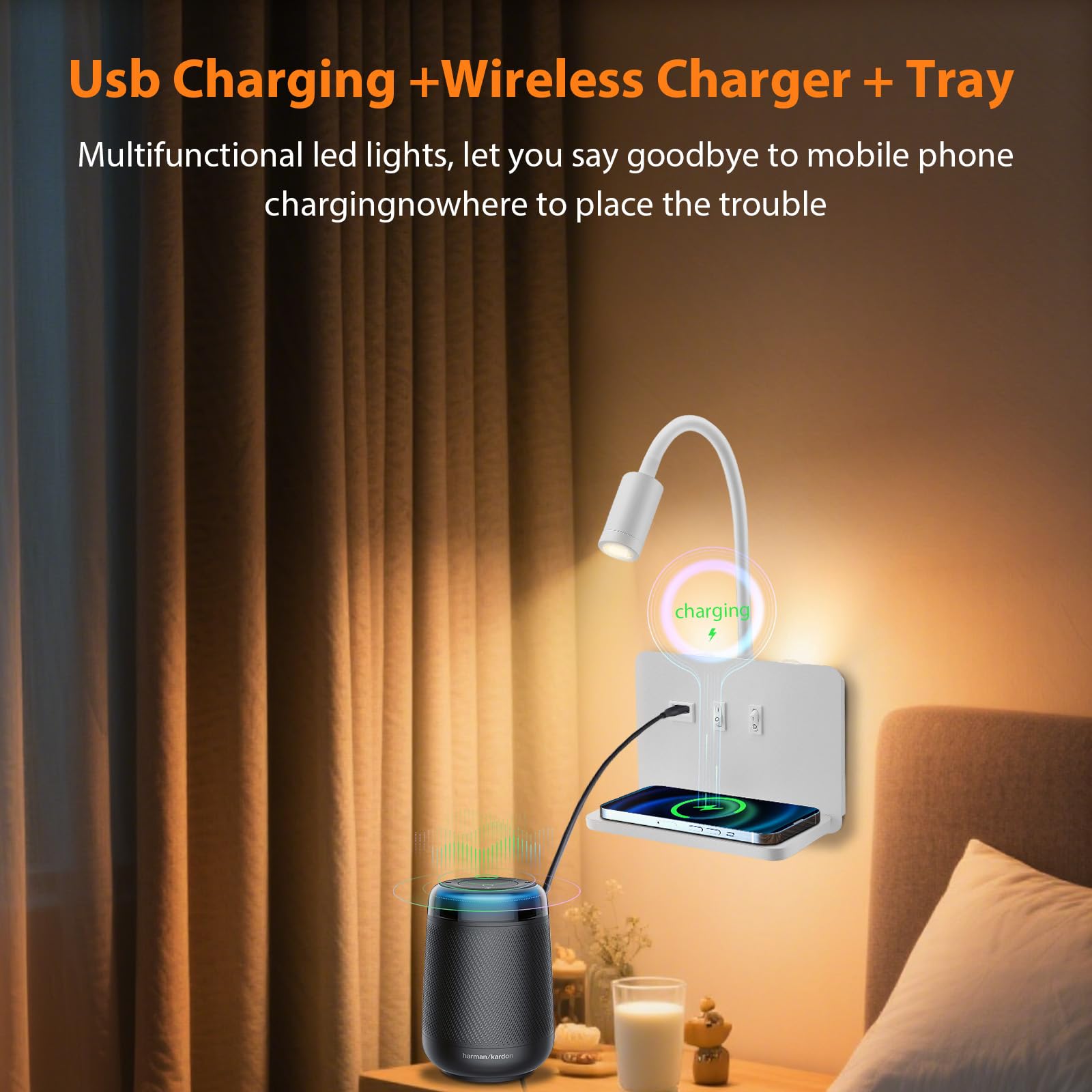 Leselampe Wandmontage mit USB 3 IN 1, 3W+10W Leselampe Bett mit Schalter und Wireless Charger, LED Wandleuchte Bett Leselicht 360° Schwenkbar Schwanenhals Lampe mit für Schlafzimmer(2PCS)