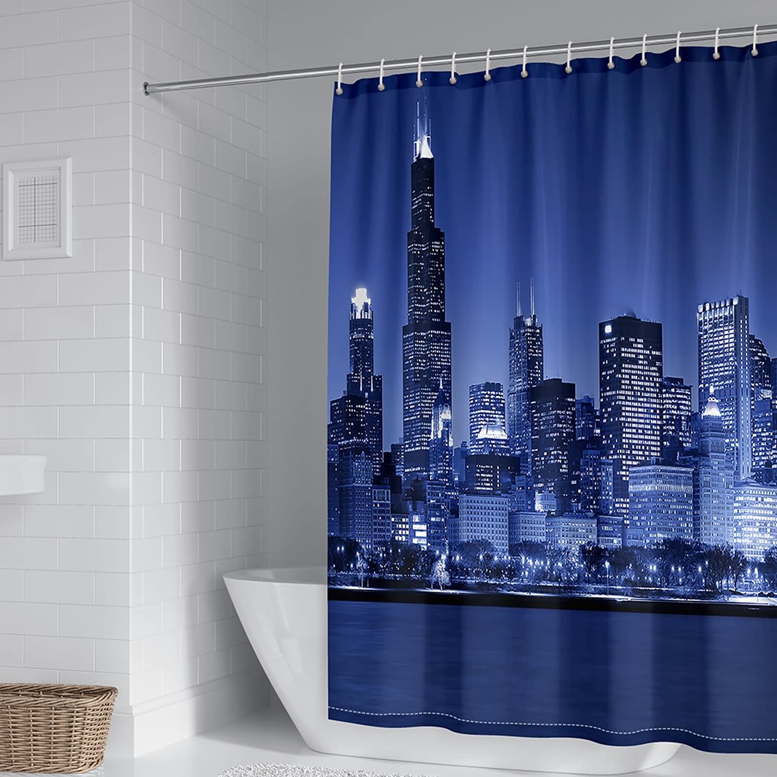 Rideau de douche 120x180cm polyester bleu foncé vue de nuit ville