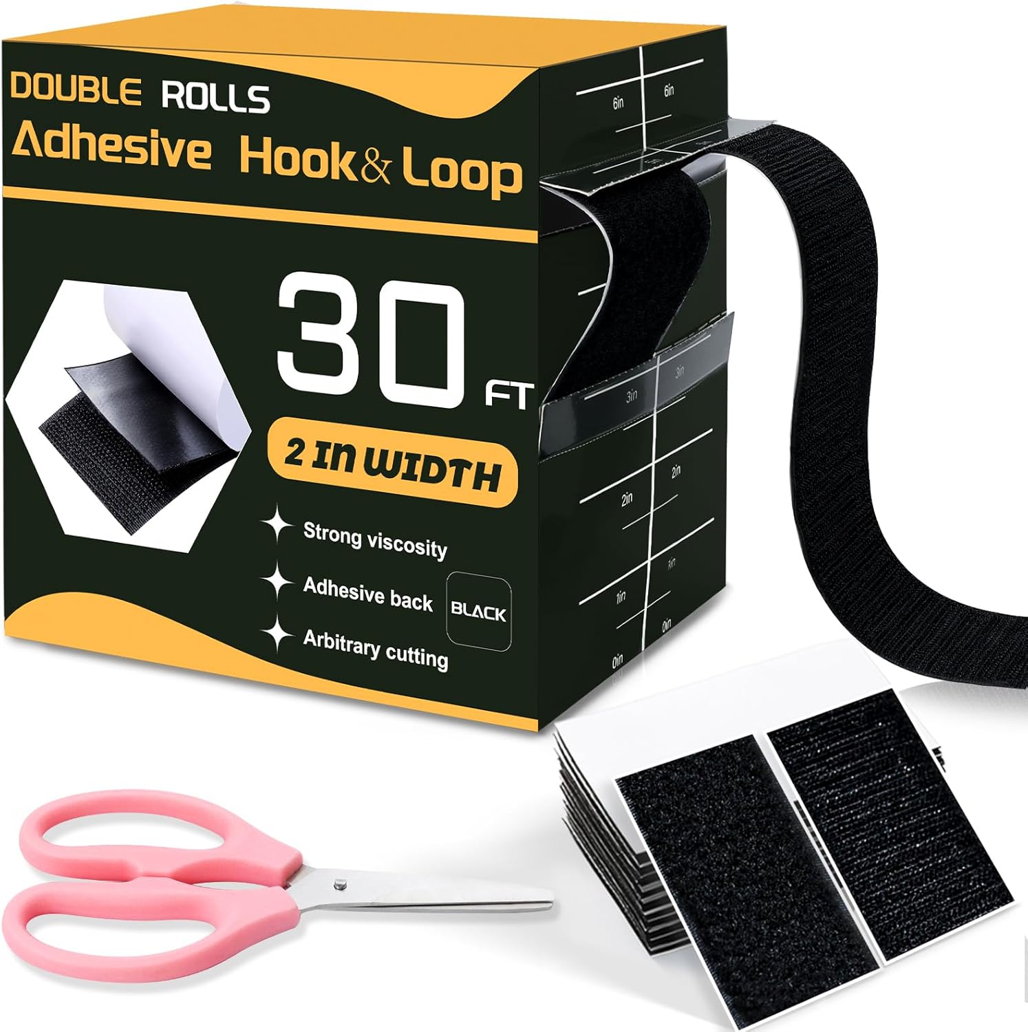30 Ft×2 Inches Hook and Loop Tape, Strong Viscosity Adhesive Back Arbitrary Cutting, Sticky for Fabrics Nylon Self Adhesive Tape for Home Office School and Crafting, Reuse 2 Rolls Black and A Scissors