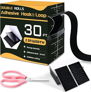 30 Ft2 Inches Hook and Loop Tape, Strong Viscosity Adhesive Back Arbitrary Cutting, Sticky for Fabrics Nylon Self Adhesive Tape for Home Office School and Crafting, Reuse 2 Rolls Black and A Scissors