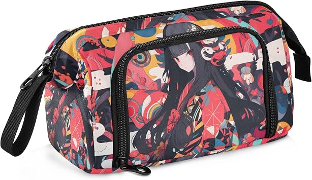 Anime Japanese Woman Pencil Case Pouch, Large Capacity Dual Zipper Opening Pen Bag Stationary Organizer School Supplies Office Tools for Kids Adults