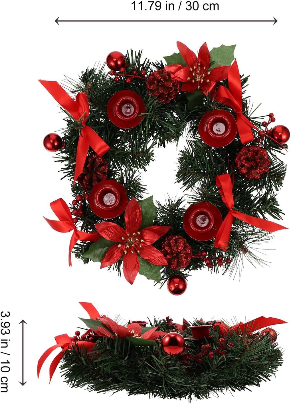 Kichvoe Christmas Wreath Candlestick 30cm Red Creative Candle Holder Decorative Centerpiece for Wedding and Holiday Party Décor