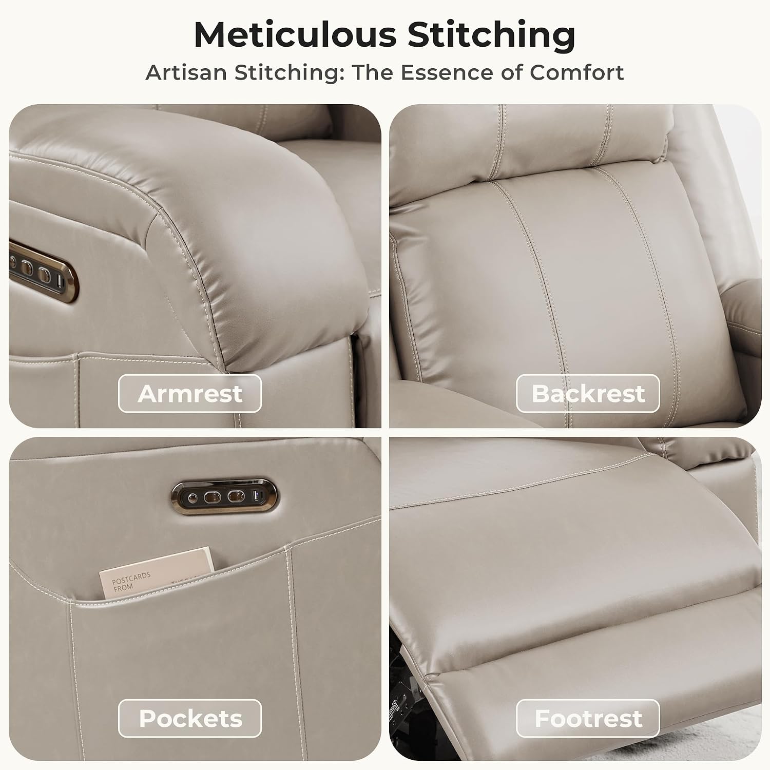 SITJOY Pet Friendly Leather Power Recliner Chair, Zero Wall Hugger RV Recliners with Power Headrest, Charging Ports, Side Pockets, Down-Filled, Scratch Resistant Waterproof Faux Leather in Greige