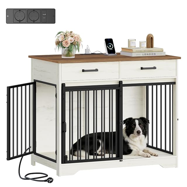 Jaula de Madera para Perros con Puerta Tipo Granero, regleta eléctrica, 2 cajones