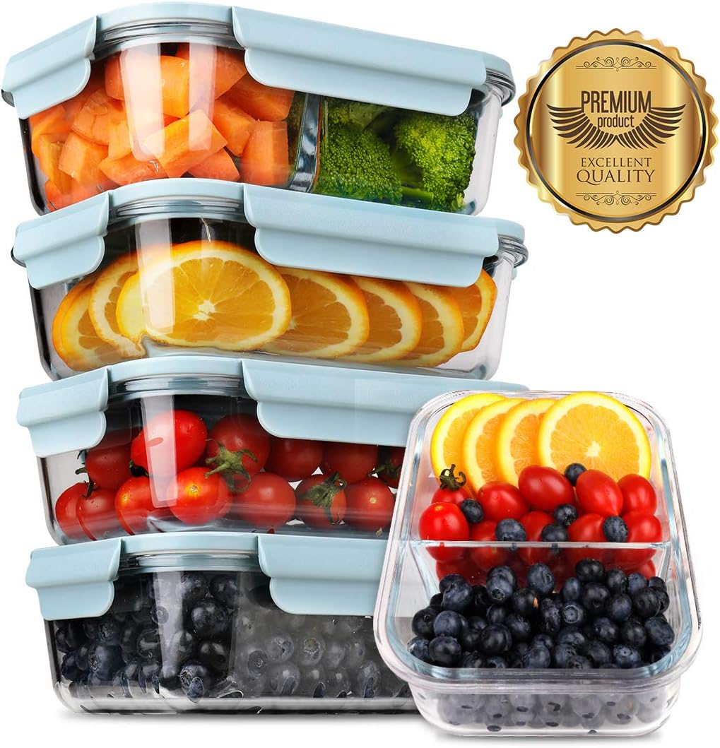 DEKINMAX Glass Meal Prep Containers 3 Compartment with Lids, Glass Lunch Containers,Food Prep Lunch Box,Bento Box