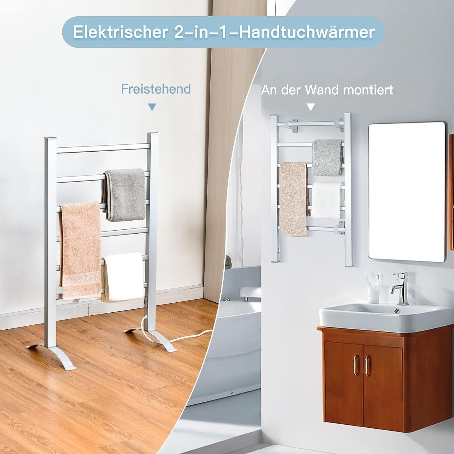 FANTASK 2 in 1 elektrischer Handtuchwärmer, Handtuchhalter mit 6 Stangen freistehend & wandmontiert, 100W Handtuchheizkörper Aluminiumrahmen, Handtuchtrockner Badheizkörper