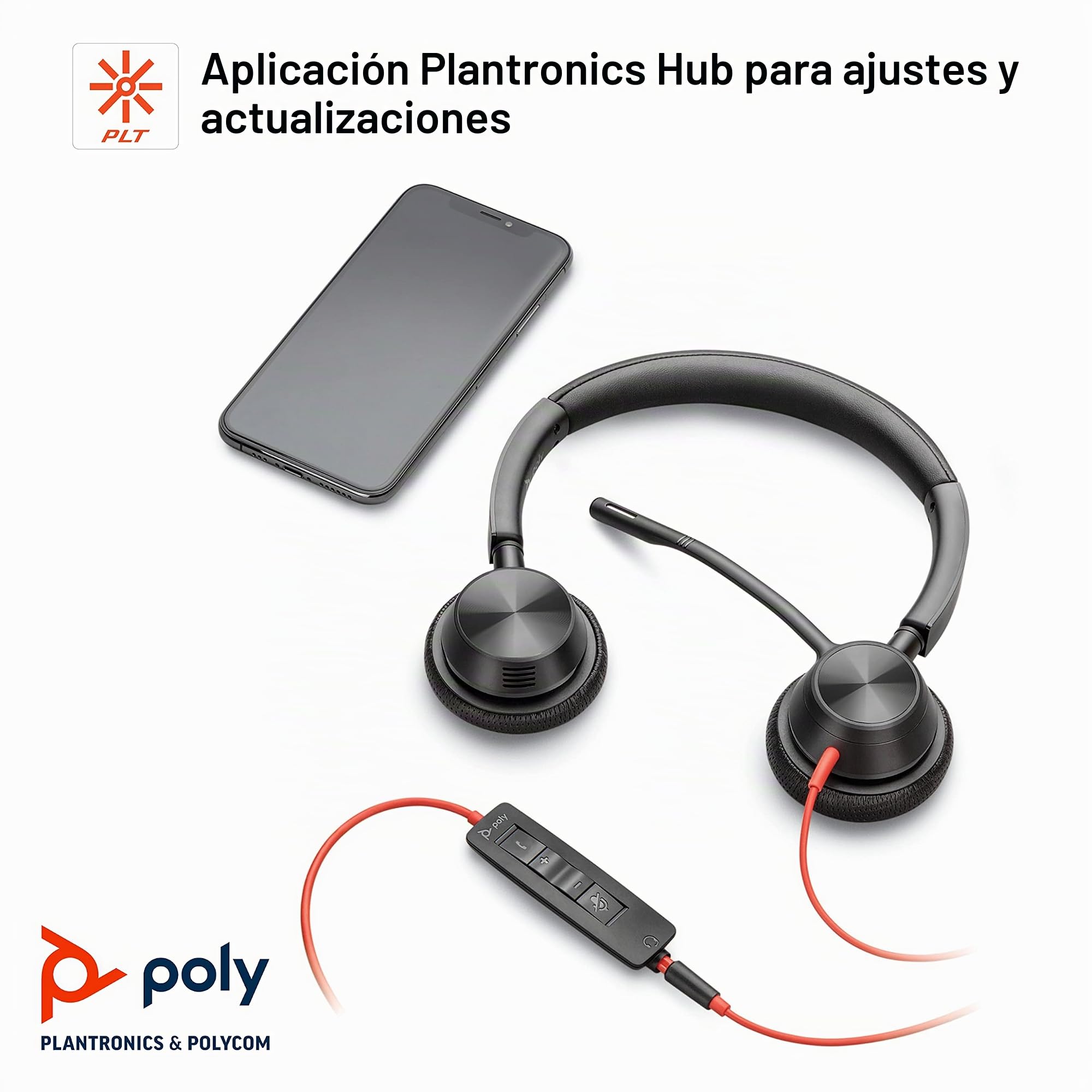 Plantronics, Blackwire 3325 USB-A, Poly, auricular con cable de dos oídos con micrófono de brazo, se conecta a PC o Mac mediante USB-A o a tablet o dispositivo móvil mediante un conector de 3.5 mm