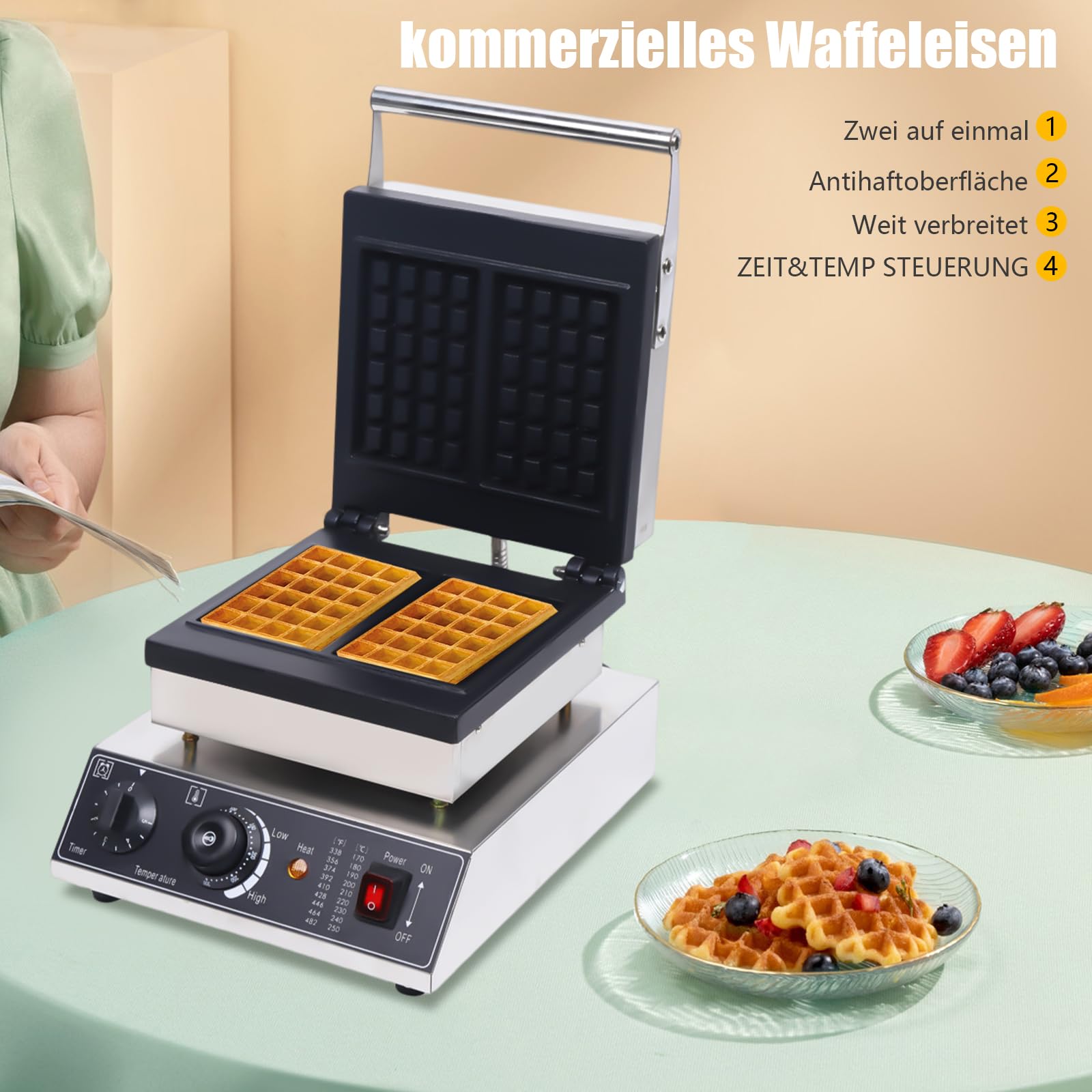 Gofrera profesional, 1500 W, con revestimiento antiadherente y temporizador, forma giratoria 180°, 50 ~ 300 ℃ para fiestas infantiles, fiestas familiares