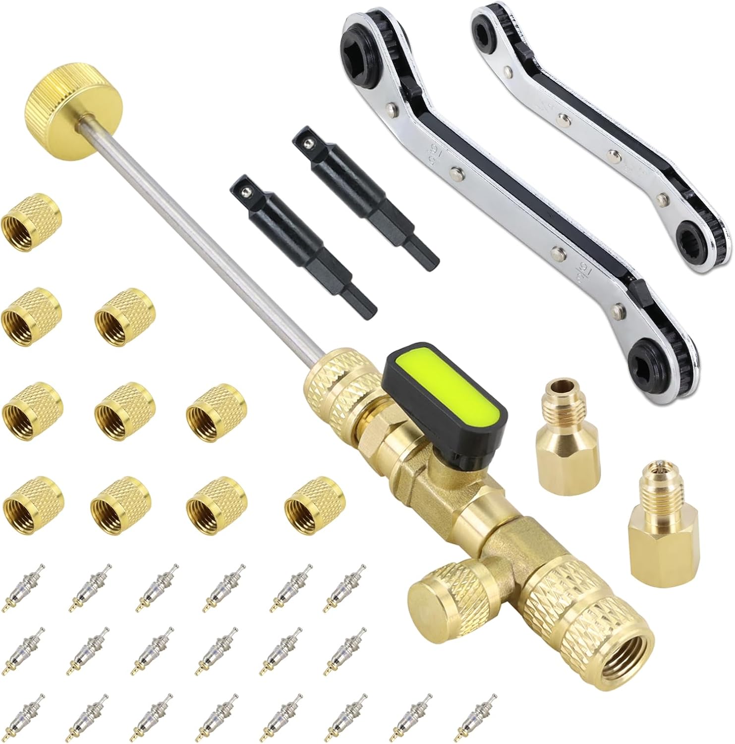 Valve Core Remover Installer Tool and Service Wrench Set with Dual Size SAE 1/4 & 5/16 Port Brass Adapter Compatible with R22 R12 R407 R410 R404 R32 R600 home refrigeration equipment