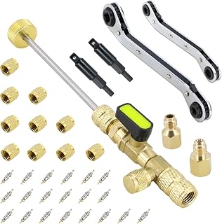 Valve Core Remover Installer Tool and Service Wrench Set with Dual Size SAE 1/4 & 5/16 Port Brass Adapter Compatible with R22 R12 R407 R410 R404 R32 R600 home refrigeration equipment
