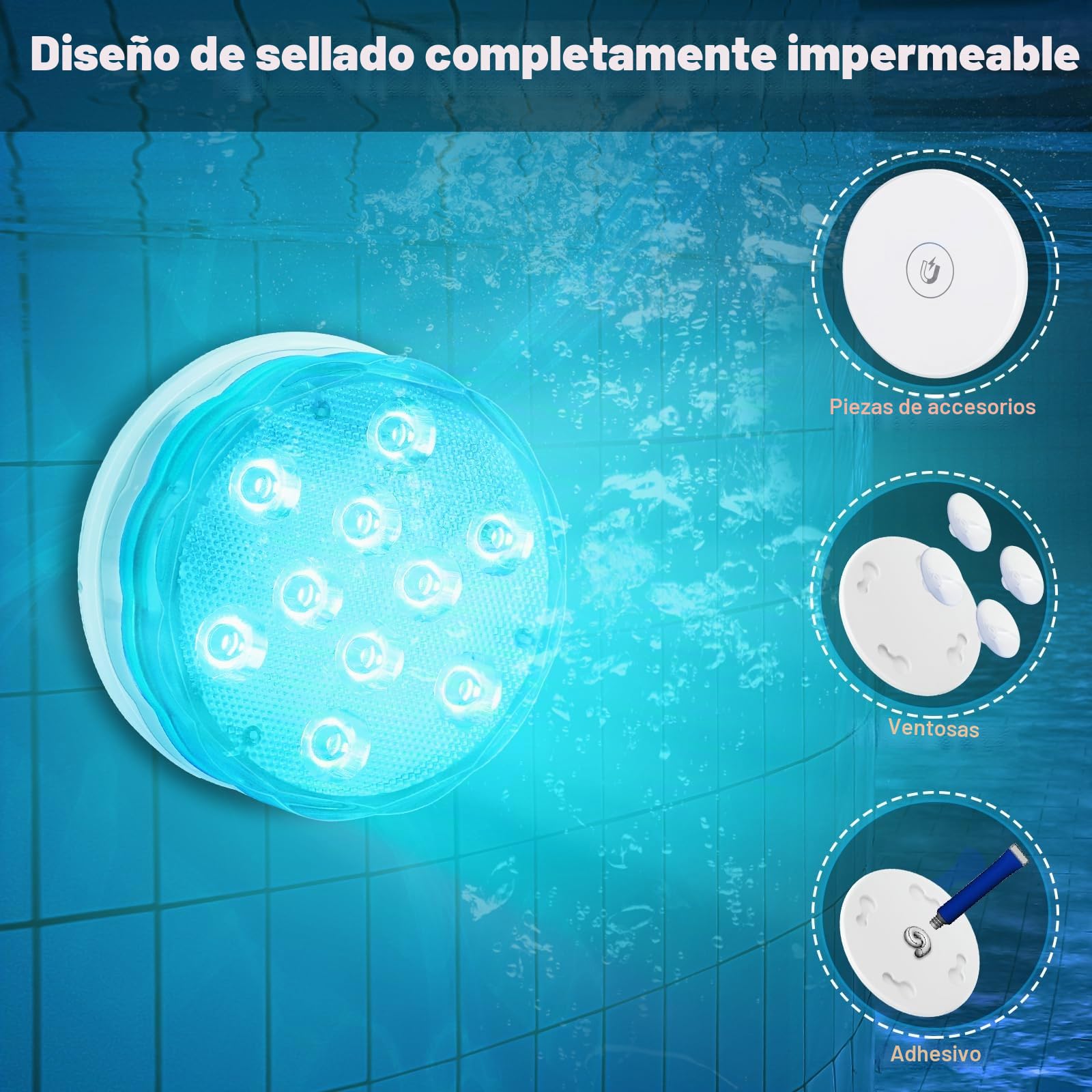Idealife Iluminación de piscina recargable con batería incorporada, luz subacuática con mando a distancia, imán RF, ventosas, luces LED impermeables para fiestas de jacuzzi, Navidad, calabaza