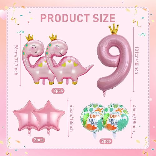 Miniatura 9 de 7 globos de dinosaurio con corona rosa, globos de aluminio de Mylar con número de cumpleaños de dinosaurio rosa, suministros de fiesta de 8
