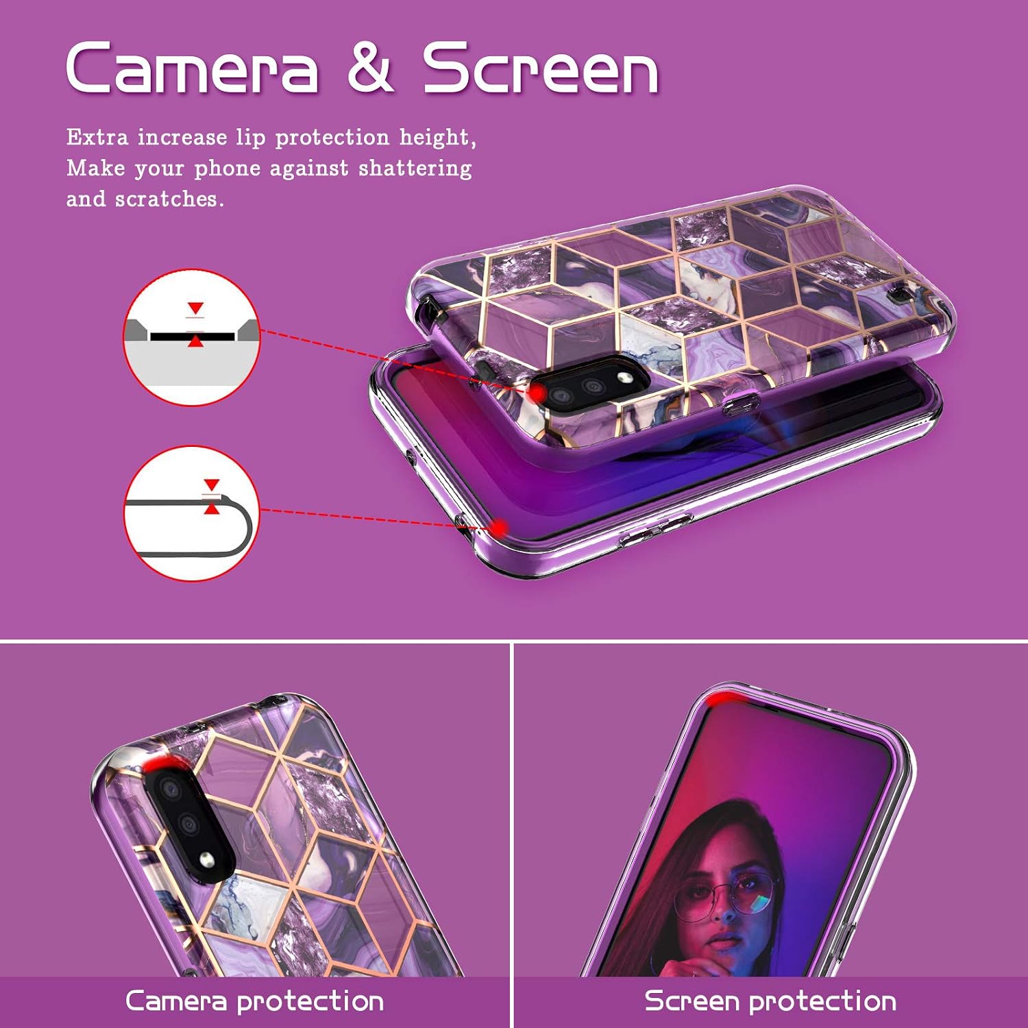 Hasaky Case for Samsung Galaxy A01 Case,Dual Layer Hybrid Bumper Clear Cute Girl/Women Purple Marble Design Soft TPU+Hard Back Heavy Duty Anti-Scratch Shockproof Protective Phone Case -Purple/Marble.