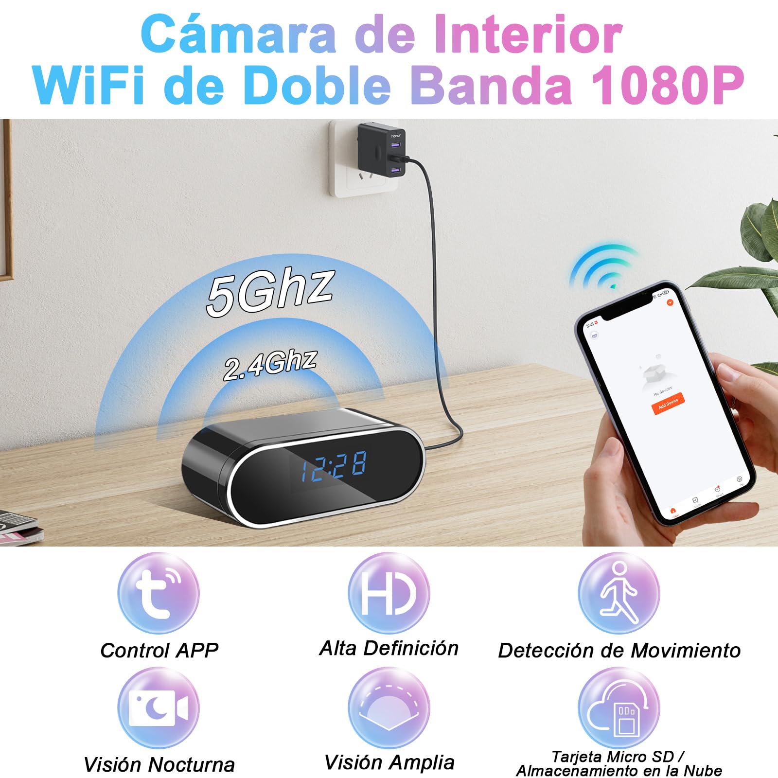 Cámara Espía Oculta WiFi 5G/2,4G, Camaras Espias Camuflada Inalambricas Despertador, 1080P HD Reloj con Camara Oculta, 120° Angular con Visión Nocturna Detección de Movimiento Vigilancia Interior