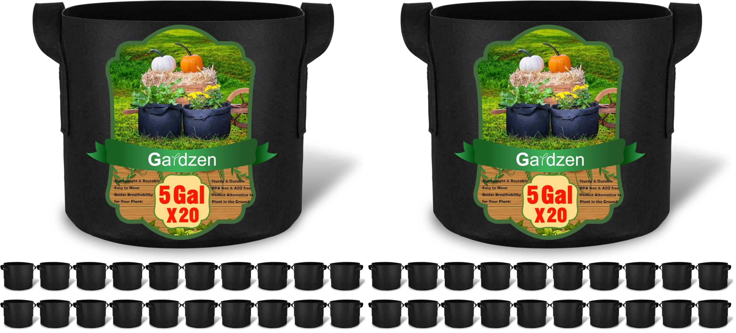 Gardzen 40-Pack 5 Gallon Grow Bags, 300G Thickened Aeration Fabric Pots with Handles, Heavy Duty Plant Bags for Plants for Indoor &amp; Outdoor Use
