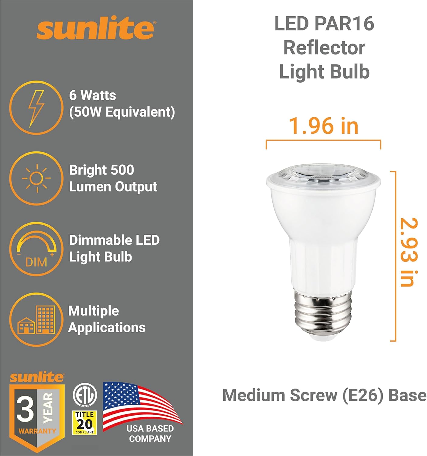 Sunlite LED PAR16 Long Neck Recessed Spotlight Light Bulb, 6 Watts (50W=), 500 Lumens, Medium E26 Base, Dimmable, 90 CRI, ETL Listed, Title-20 Compliant, 4000K Cool White, 6 Count
