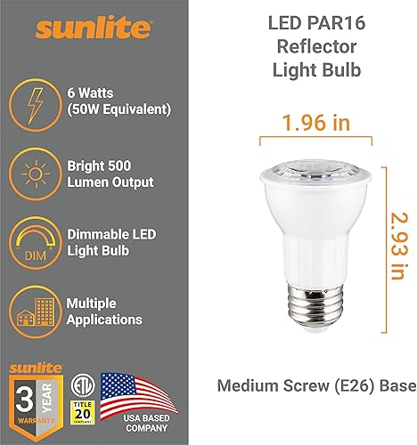 Miniatura 2 de Sunlite 41801 Bombilla LED PAR16 reflectora, 6 vatios (50 W  ), 500 lúmenes, base E26 media, regulable, reflector, 90 CRI, Energy Star, listado ETL,