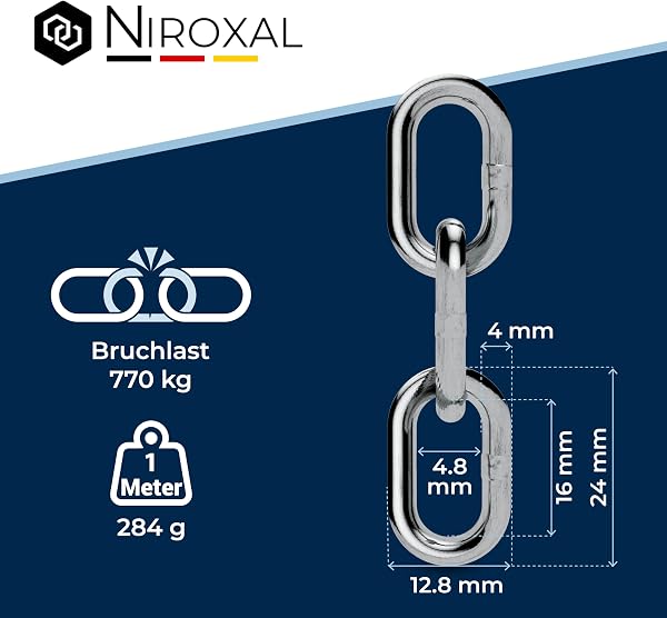100-cm = 1-metros 4-mm de espesor de cadena de acero inoxidable de eslabón corto de NietFullThings en cada unidad cadena de anclaje DIN 5685 DIN 766 1-m - 3