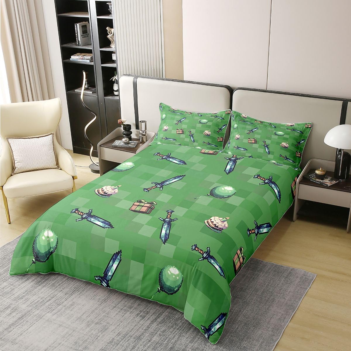 Manfei Pixel Grid 100% Cotton Duvet Cover Full Size,Video Game Bedding Set 3Pcs for Kids Teens Adult Room Decor,Abstract Geometric Style Comforter Cover,Green Brown Bedding 2 Pillowcases image 2
