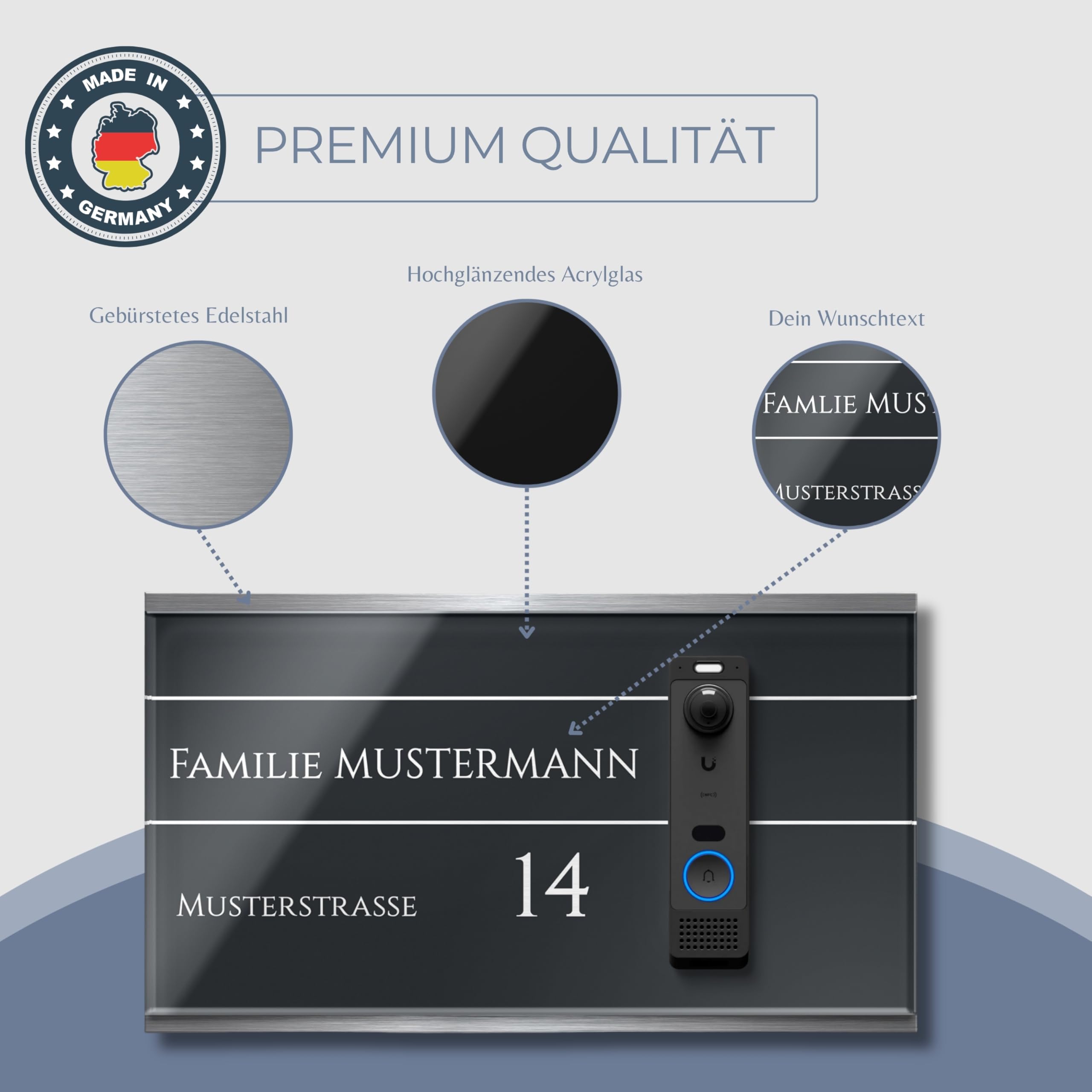 Namensschild für Ubiquiti UniFi G6 Entry aus Edelstahl & Hochglanz Acrylglas - Zubehör Schild für Video Türklingeln & Smart Home Systeme - Personalisiert & wetterfest (34x24 cm)