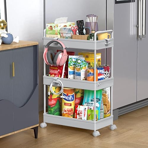 SOLEJAZZ 3 Tier Rolling Storage Cart with Wheels Slim Craft Nail Makeup Snack Art Baby Utility Cart Organizer on 2 Lockable Wheels for Bathroom Laundry Room Kitchen Bedside Narrow Spaces, Gray