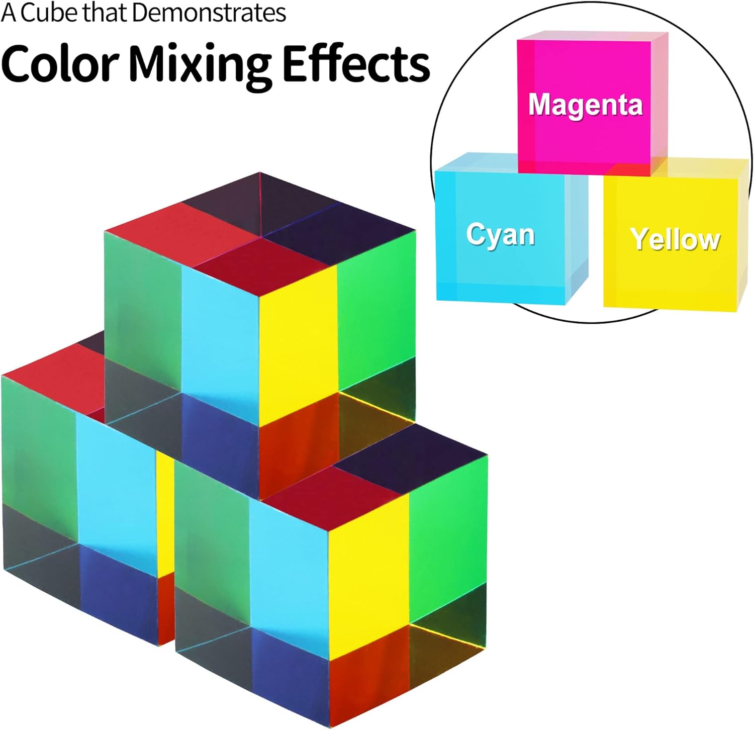 CMY Cube, YuanDian Color Mixing Cube 2 Inches Colorful Acrylic Prism for Home Decor Office Desk Decoration, Physics Toys Educational Science Kits Fidget Toys Gift for Son Daughter Kids Students