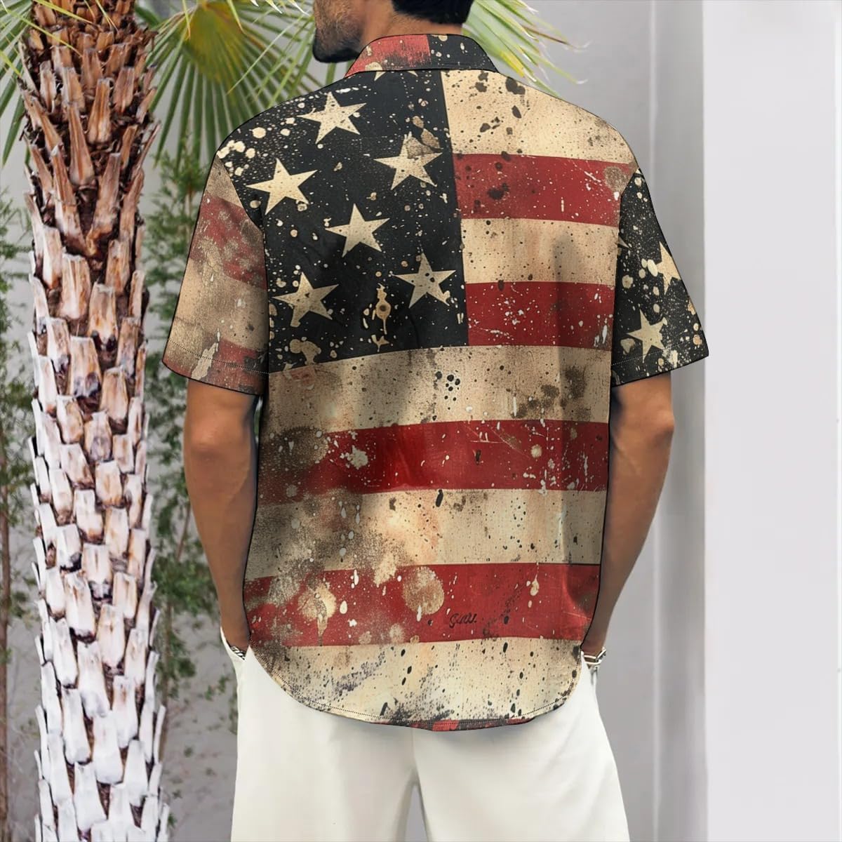 Holiday Loose-Fit Shirts for Men Independence Day Short-Sleeved Buttoned Down Hawaii Bowling Shirt