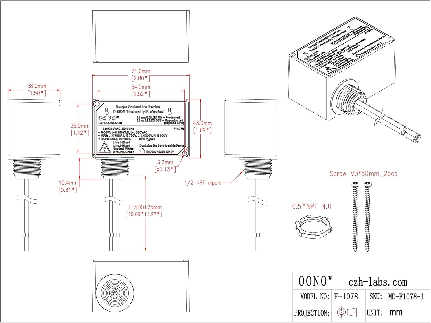 Split-Phase 120/240VAC SPD Surge Protective Device, T-MOV Thermally Protected