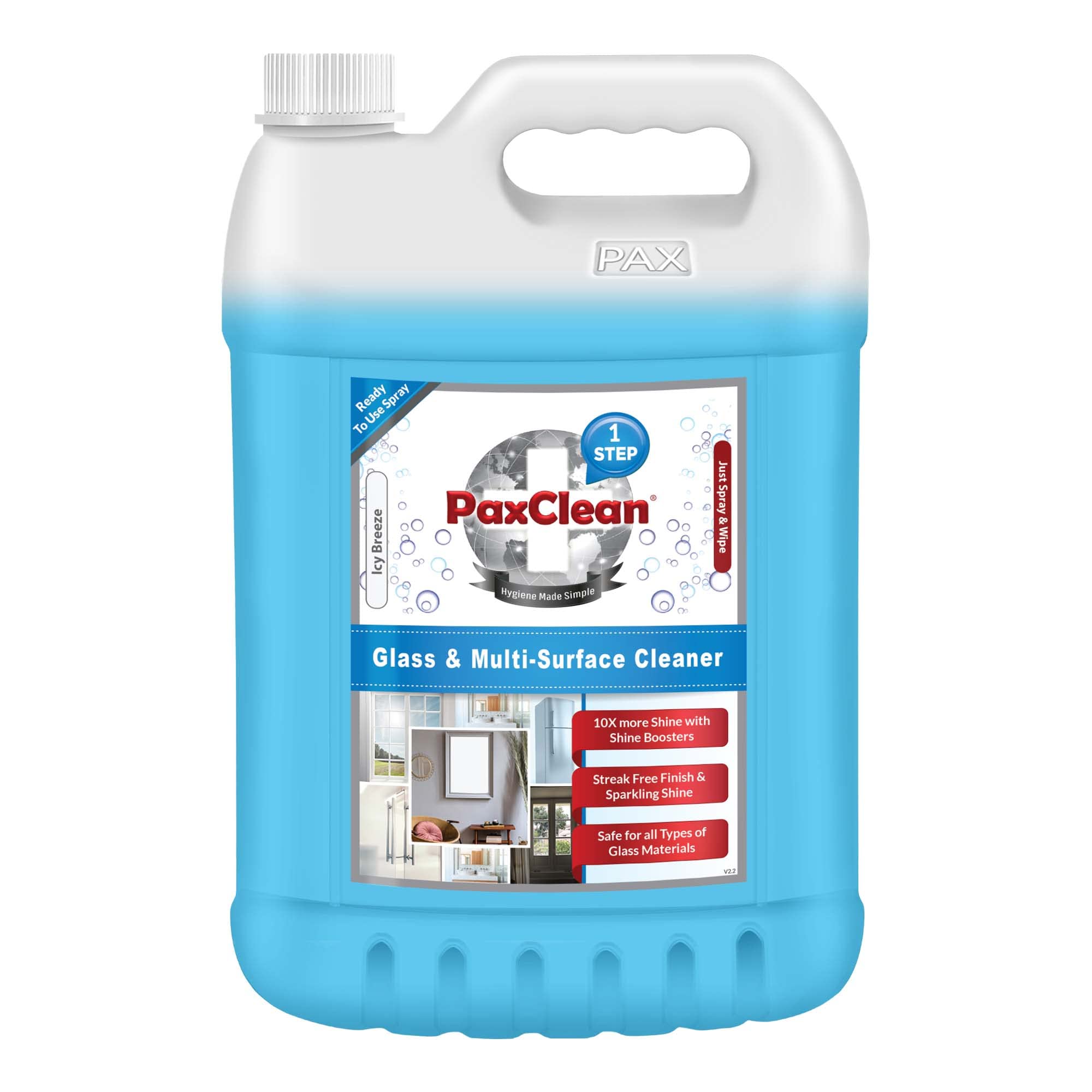 PaxClean Glass & Multi-Surface Quick Cleaner Spray with Hygienic Protection (Icy Breeze), 5L