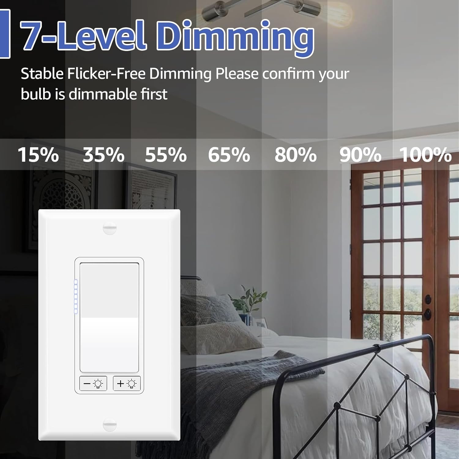 4 Pack Dimmer Light Switch for Dimmable LED Light, Single Pole/3-Way,No Neutral Wire Required,Work with LED/CFL (300W Max) & Halogen/Incandescent (600W Max) Bulbs,7 Brightness Levels,UL Listed