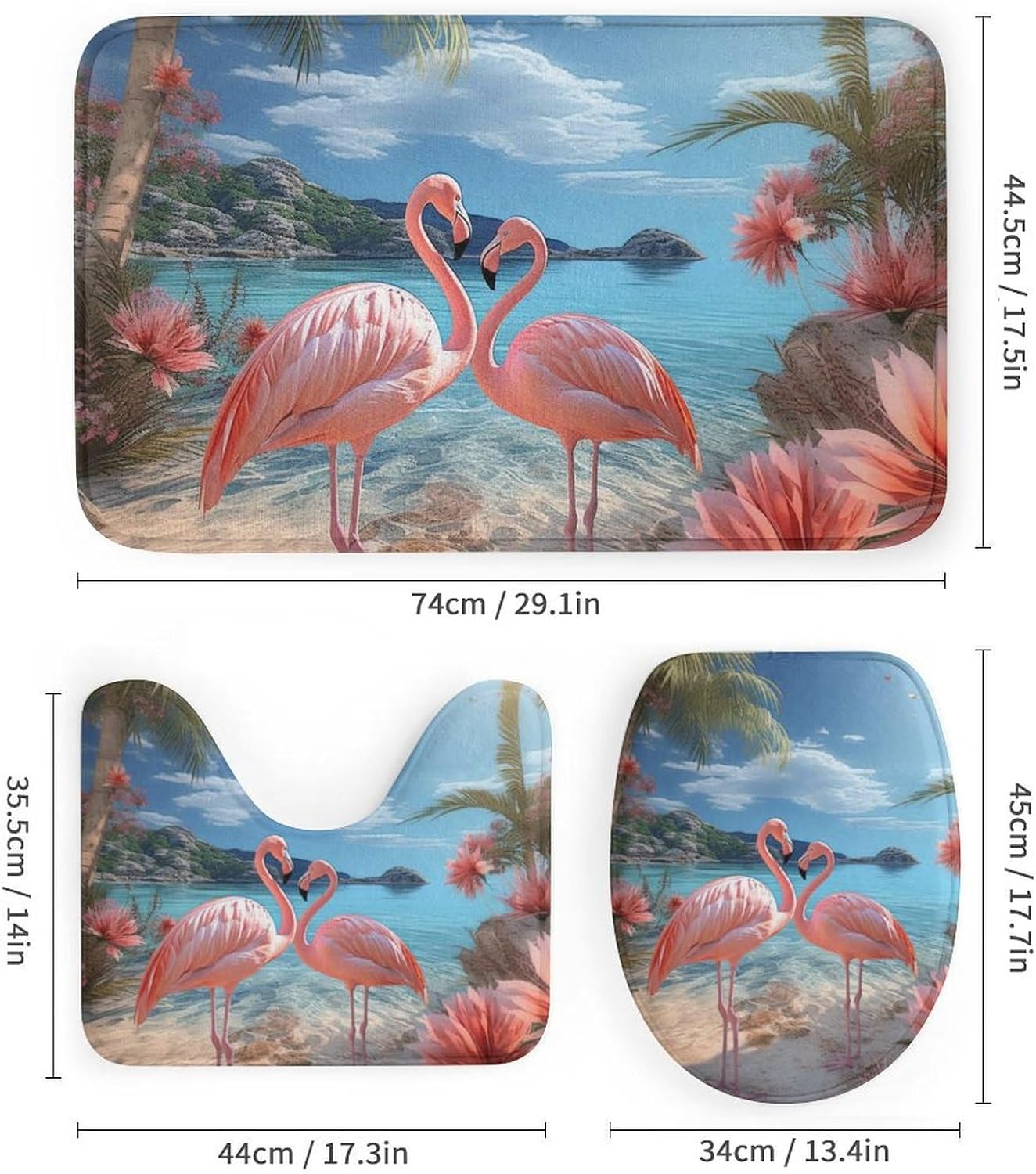 4Pcs Fantasy Flamingo Shower Curtain Set with Rugs, Toilet Lid Cover and Bath Mat, Tropical Ocean Seaside Beach Flower Plants Bathroom Curtains Decor Shower Curtains, 72" x 72"