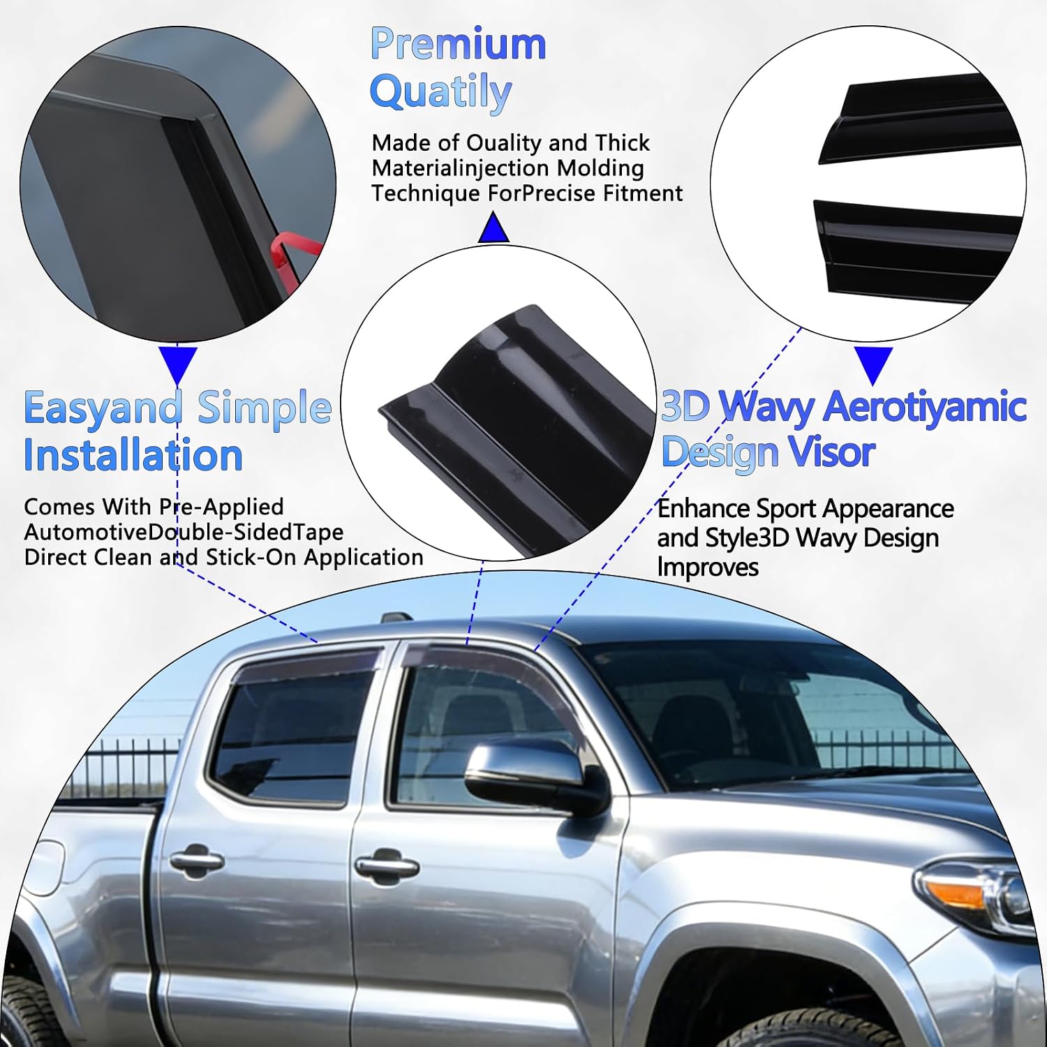 Low Profile Rain Guards Compatible with 2024 2025 2026 Tacoma Double Cab Outside Mount Window Vent Visor Tape-On Window Deflectors Vent Shades 4th Gen Tacoma Accessories ﻿ (cor fumosa)
