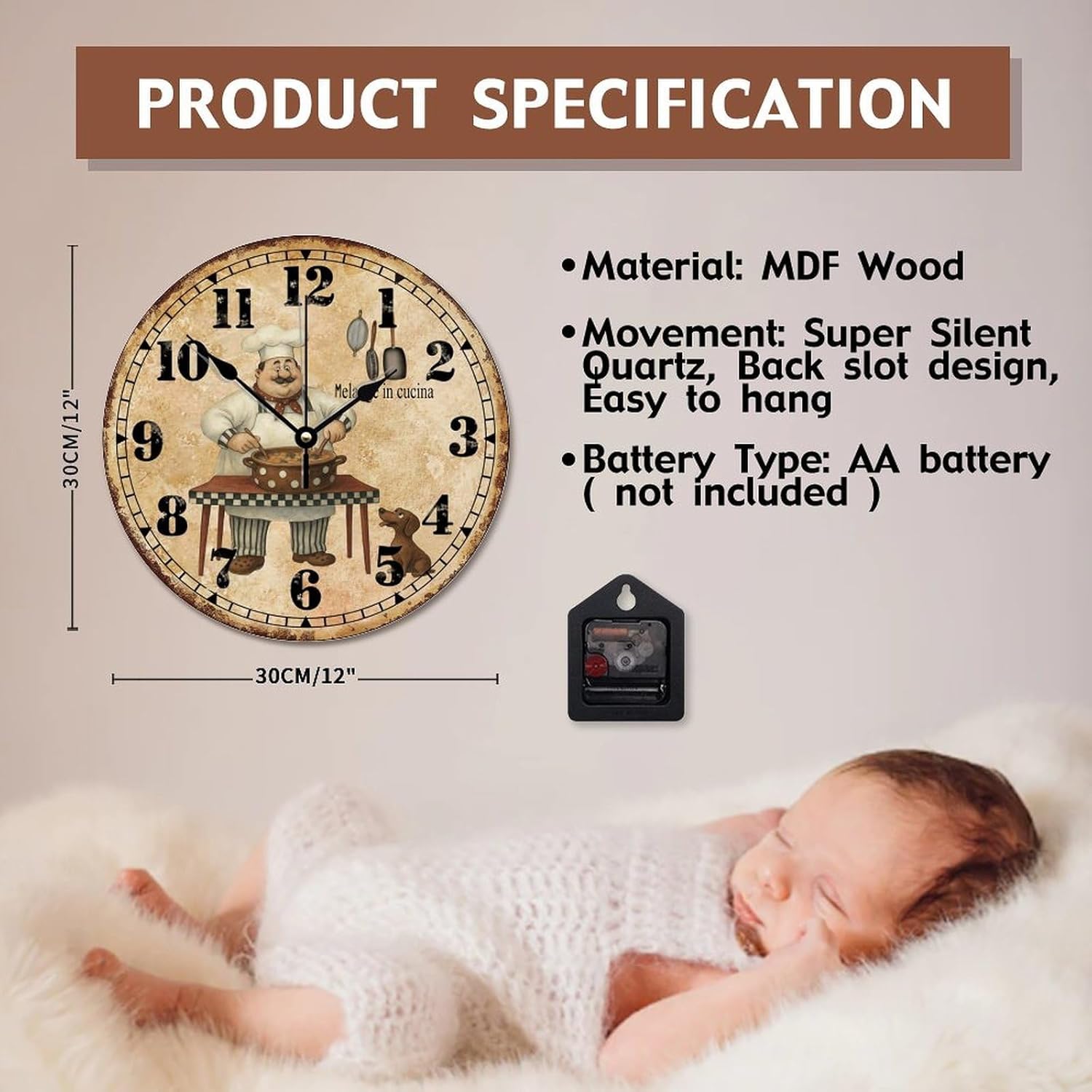 ArogGeld Chef Kitchen Wall Clock Vintage ChefWall Clocks Battery Operated 12 Inch Quiet Non-Ticking Farmhouse Hanging Clock Modern Wall Decor for Living Room Kitchen Bedroom Bathroom