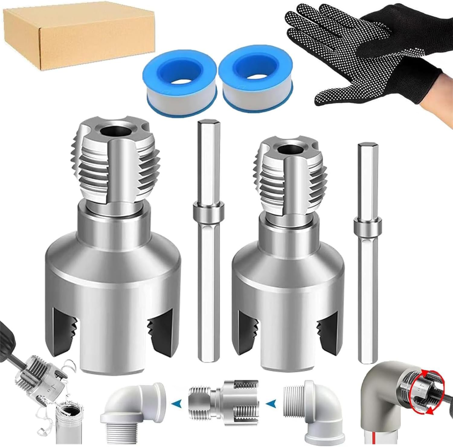 Pipe Tapping and Threading Tool, Pipe Thread Cutting Tool, PVC Pipe Threader, Premium Carbon Steel Internal & External Pipe Threader for All Electric Drills, Compatible for Home Repair (1/2"+3/4")