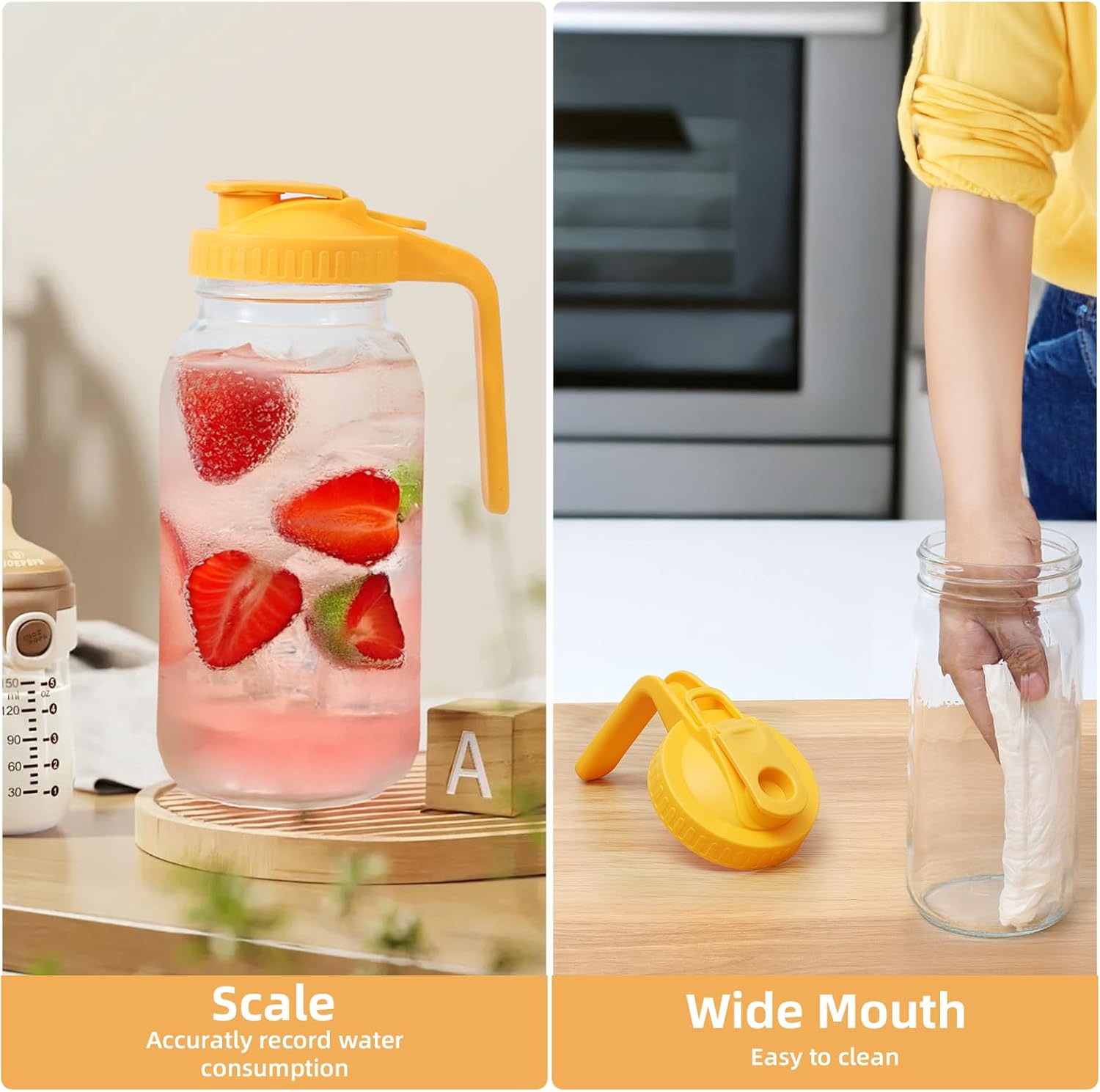 Glass Mason Jar Pitcher - 64 oz/2 Quart Wide Mouth Jug with Lid and Pour Spout, Airtight Seal, Leak Proof Iced Tea Pitcher for Sun Tea, Juice, Breast Milk, Cold Beverages, Coffe - Image 5