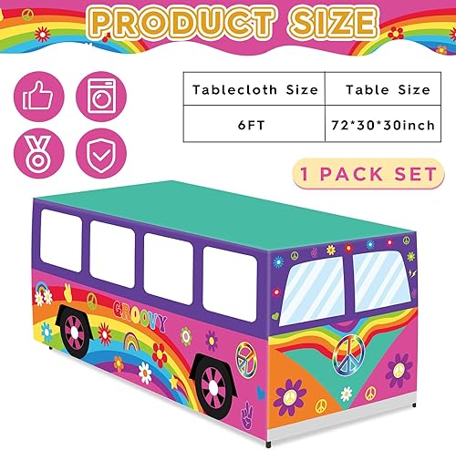 Miniatura 2 de Manteles de autobús hippie de 6 pies y 60 años, decoración de fiesta de cumpleaños, teñido anudado, margaritas, tela lavable, protector de mantel