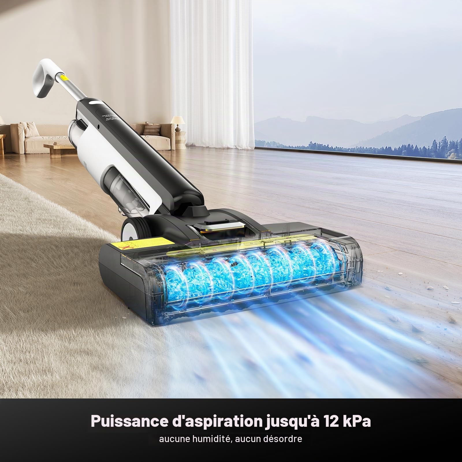 W12SE Aspirateur Laveur Sans Fil, 12000 Pa Puissance d'Aspiration, Lavage et Aspiration, Design Anti-Enchevêtrement, Désinfection par Électrolyse, 45 Minutes d'Autonomie, Réservoir Double 1,15L