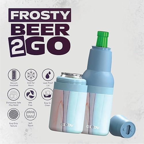 Miniatura 26 de Asobu Frosty Beer 2 Go Enfriador de botellas y latas de cerveza de acero inoxidable de doble pared con aislamiento al vacío y destapador de cerveza