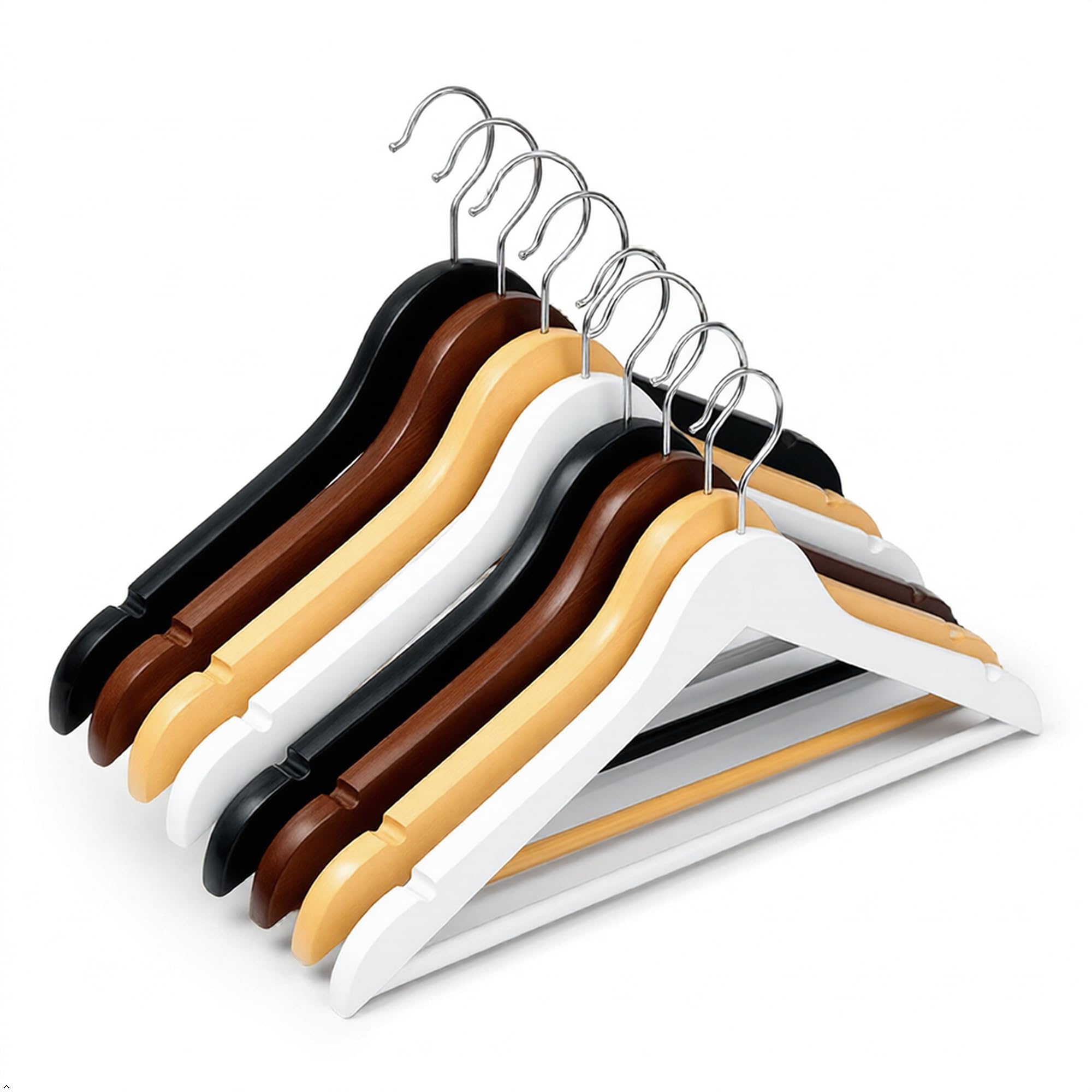 MIHAaze Wooden Hangers for Clothes (8 Pack, 4 Colours) | Cloth Hangers for Wardrobe with Anti-Slip Notches & 360° Swivel Hook | Space Saving Hangers for Clothes in Wardrobe