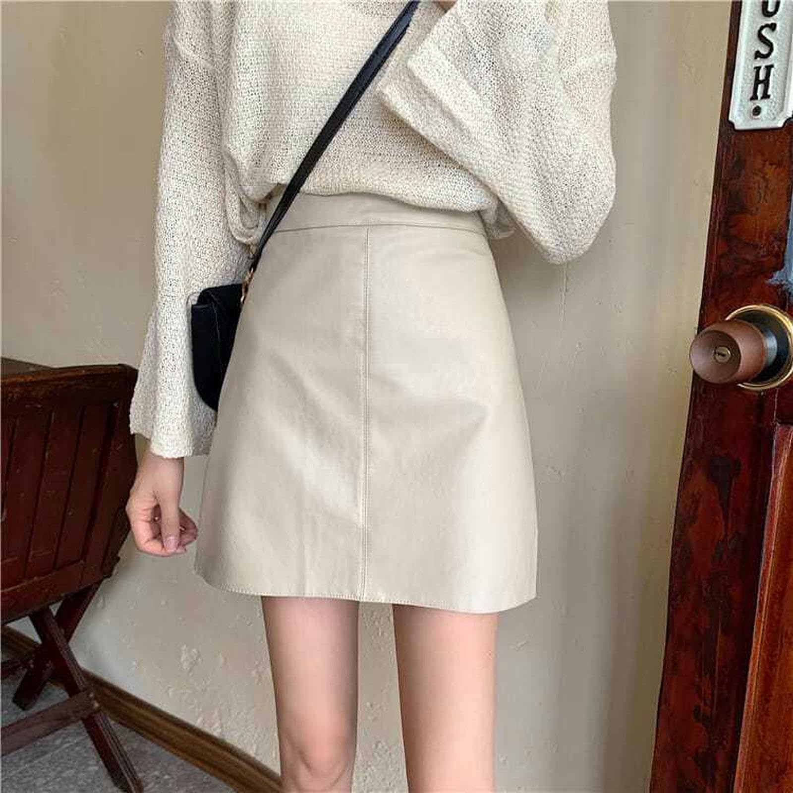 Gonna Corta In Pelle Verde A Vita Alta - Stile Trapezio Elegante - Foto 8