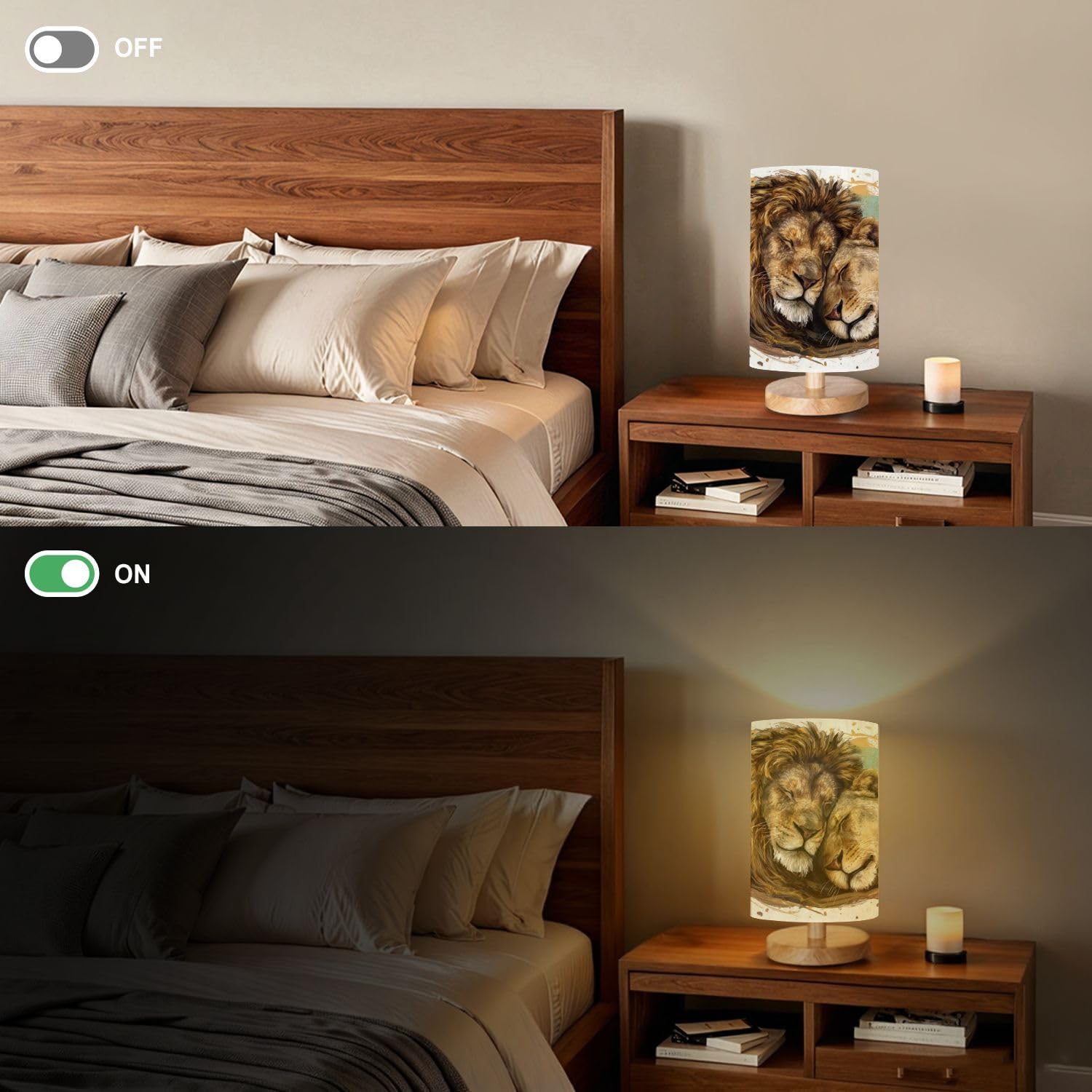 Round Table Lamp for Bedroom Leos Lion Embraces Lioness Color Portrait Lions Love Beside Lamps Desk lamp with Wood Base Nightstand Lamps for Nursery Living Room Home Decor