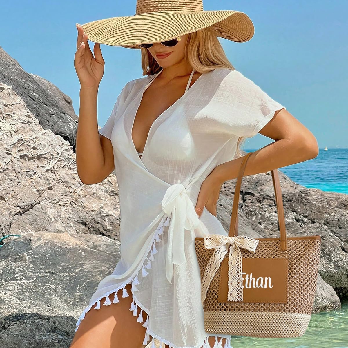 Personalized Straw Beach Bag for Women Custom Embroidered Tote with Lace Bow Large Lightweight Foldable Shoulder Bag