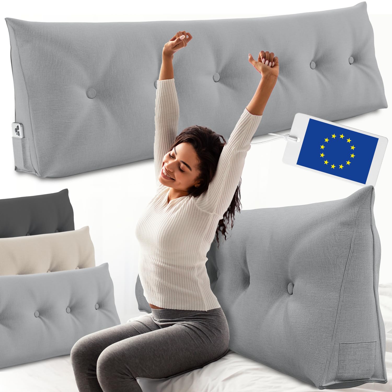 ELONEO Coussin de Dossier 180 cm de Large, Coussin en Coin adapté pour lit et canapé