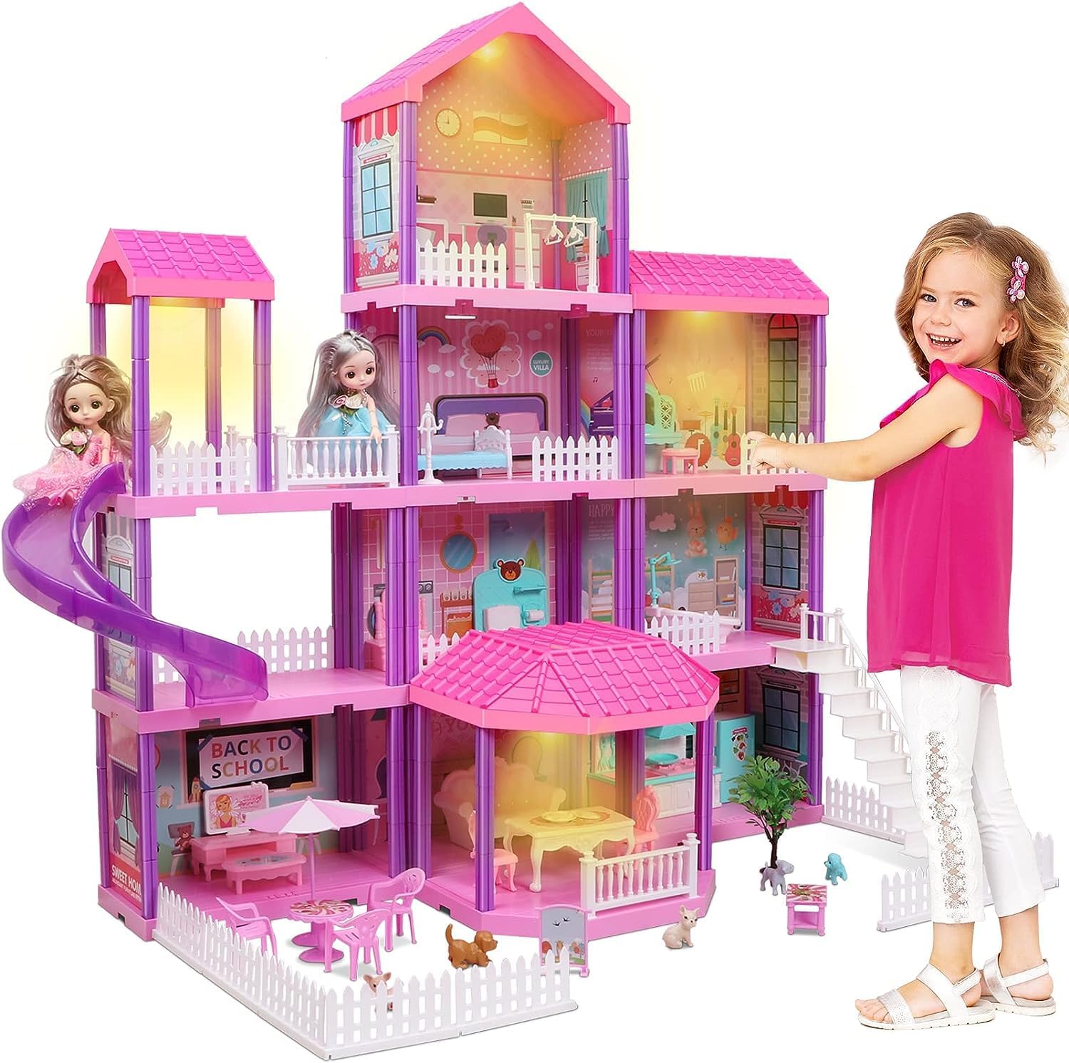 Hot Bee Doll House for Girls, Large Dolls House Furniture Pink/Purple