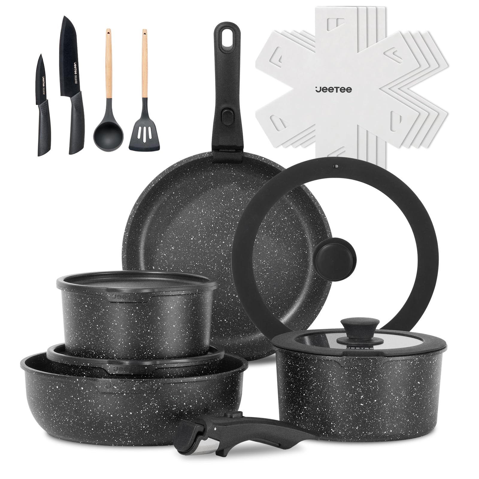 JEETEE Pots and Pan Set Nonstick 19pcs, Cookware Set with Detachable Handle, Kitchen Induction Cookware Set Non Stick with Removable Handle, RV Camping Pots and Pans, Oven Safe, PFOA Free, Black