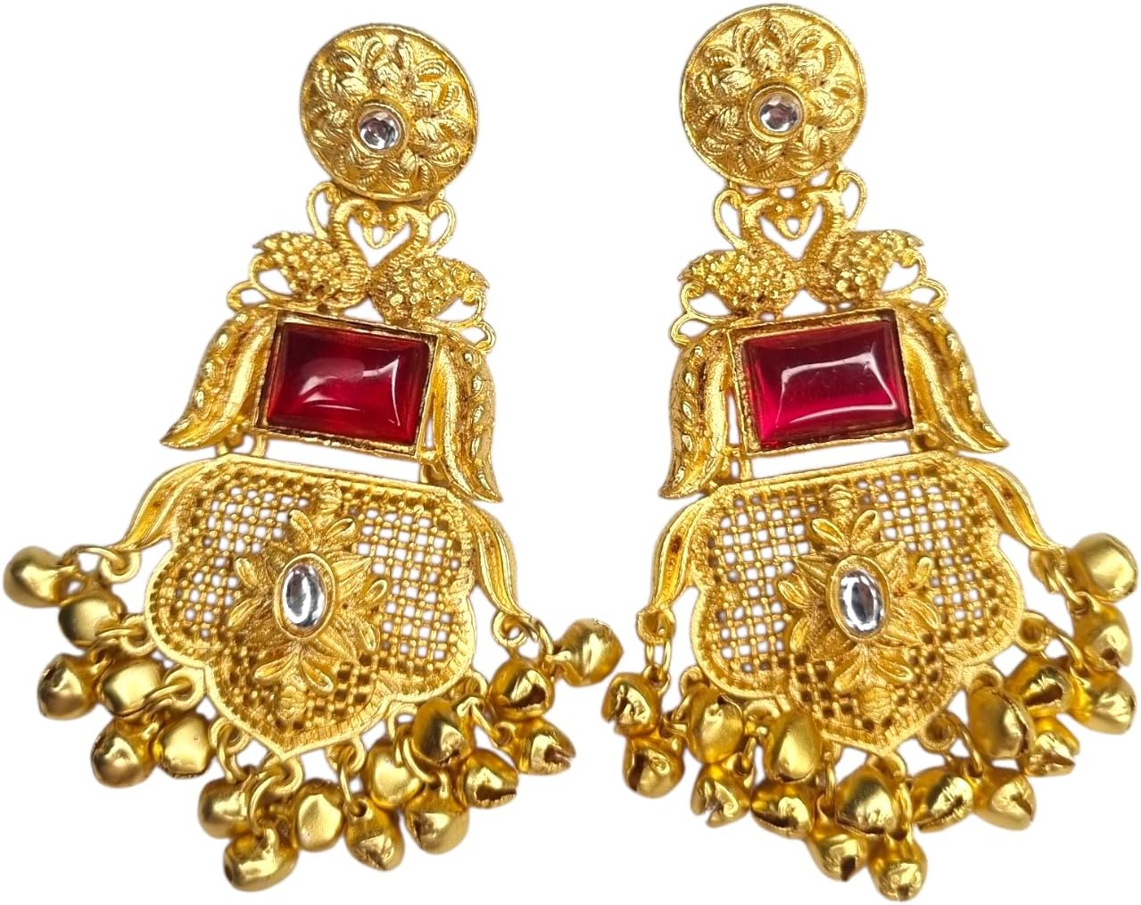 Sajobi Kashmiri Antique Gold Earrings for Women | Ruby Stone Dangler Earrings with Ghungroo Drops